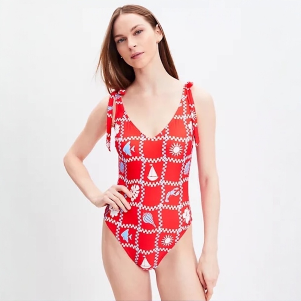 LOFT Beachcomber Plunge Bow Tie One Piece Swimsuit Size M -NWOT